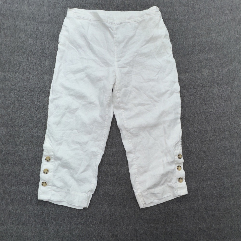 Chicos White Linen Cropped Capri Pants Size 2.5 US 14 Button Hem Pull On Summer